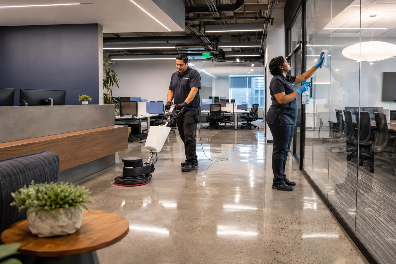 Professional commercial cleaners working in an office
