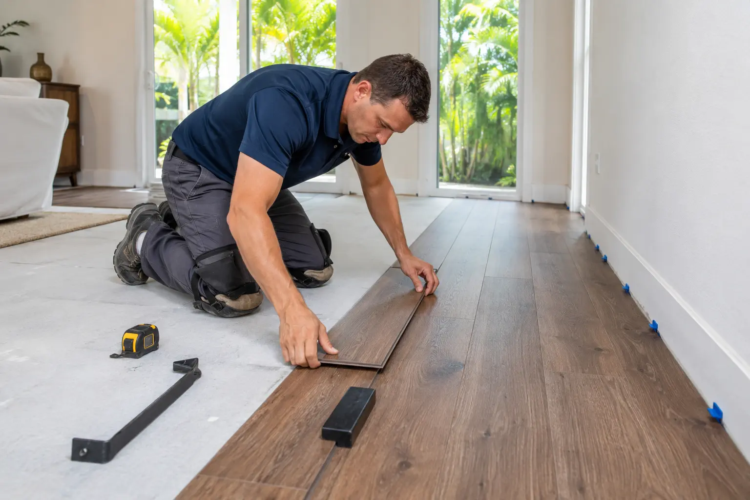 Technician installing vinyl plank flooring