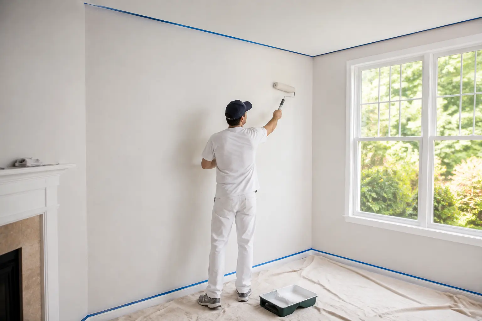 Careful interior painting with protected floors